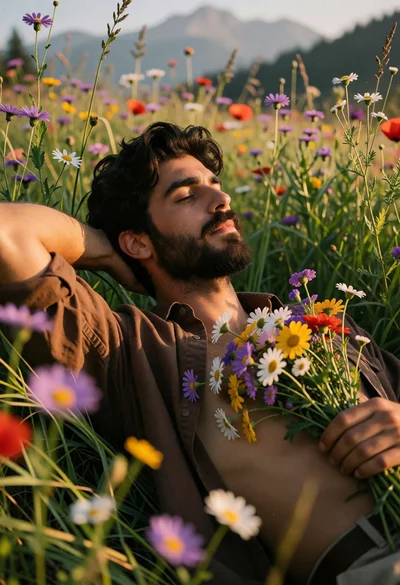 Man lying in wildflower meadow at golden hour with bouquet of flowers