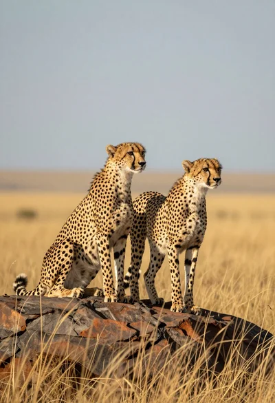 Two cheetahs standing on rocky outcrop in golden savanna landscape