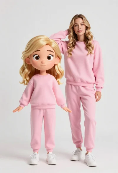 Stylized 3d animated girl in pink loungewear stands next to realistic woman