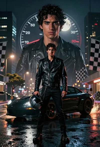 Young man with sports car against massive translucent portrait at night