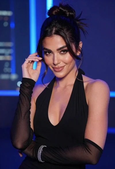Glamorous woman posing in black dress under blue ambient club lighting