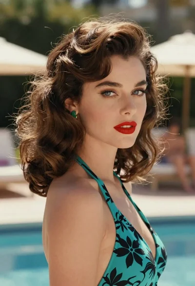 Woman in teal floral swimsuit looking away at poolside on bright day