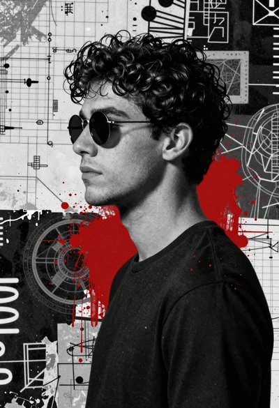 Profile portrait of young man in black tshirt against abstract grunge background