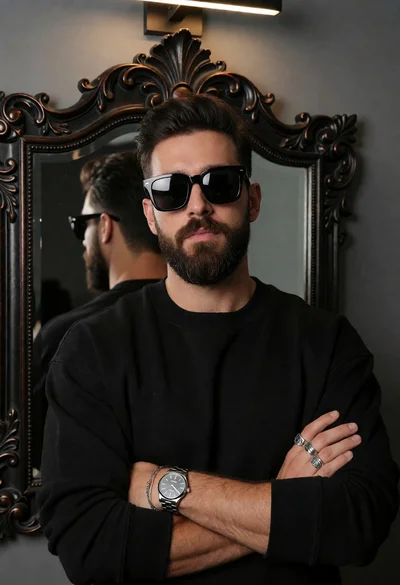 Medium close up of man with beard and black sweatshirt before ornate