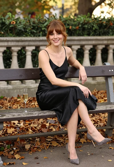 Smiling woman in black satin dress on park bench during autumn afternoon