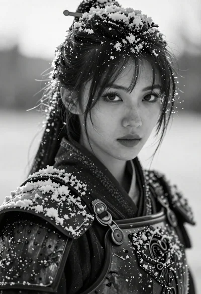 Monochromatic portrait of determined woman in snow