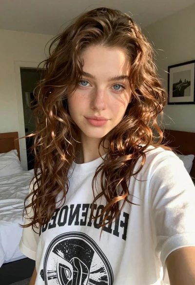 Young woman taking a selfie in a bedroom with white linens