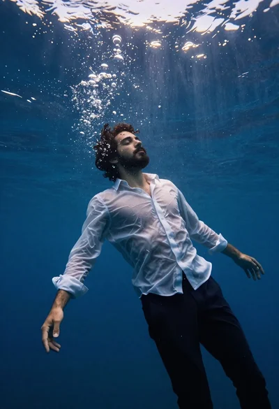 Cinematic underwater shot of a young man floating in deep blue water