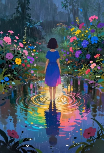 Girl in puddle during rainstorm surrounded by flowers