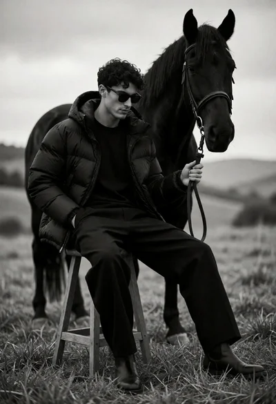 Man seated on stool with black horse in open grassy field