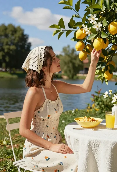 Young woman seated outdoors by water near lemon tree with pasta