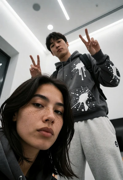 Low angle selfie of woman in foreground with man making peace signs