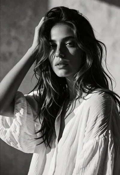 Black and white portrait of woman with tousled dark wavy hair