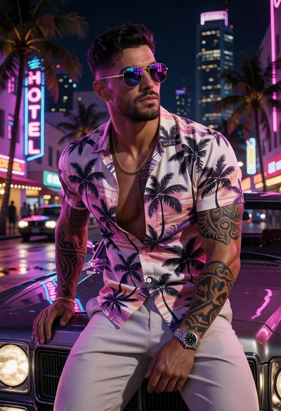 Muscular man leaning on vintage car in vibrant neon city street at