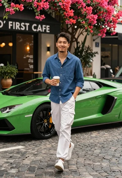 Man walking past green sports car on cobblestone street