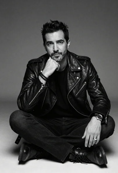 Black and white portrait of man in biker jacket