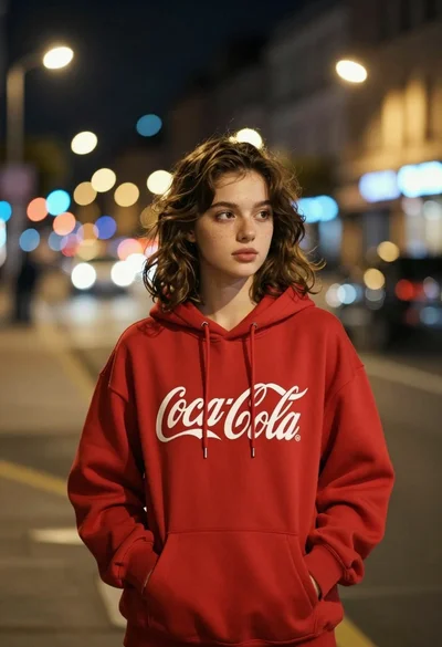 Young woman in red sweatshirt standing on blurred city street at night