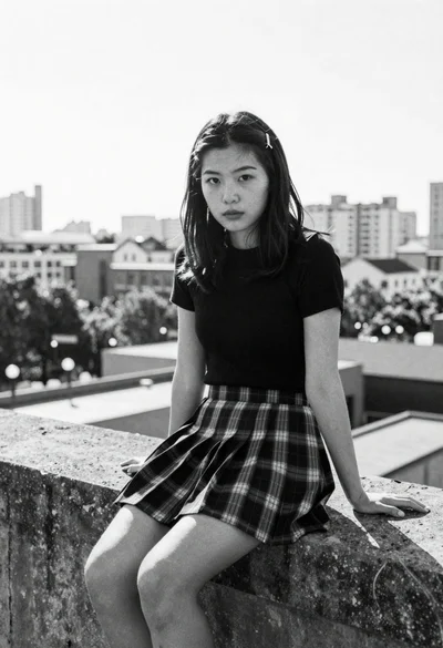 Young woman sitting on concrete wall in urban setting black and white