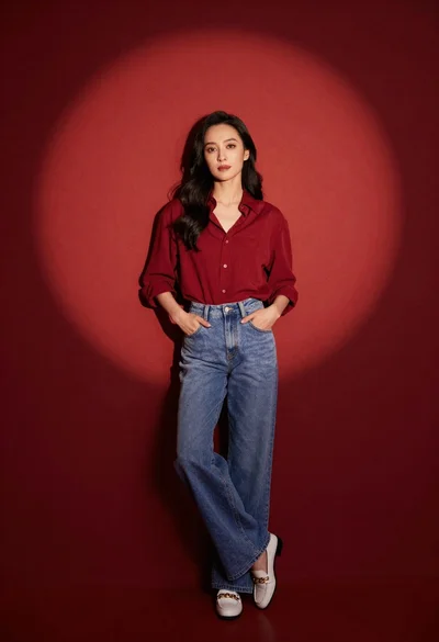 Confident woman in red shirt and blue jeans leaning against textured wall