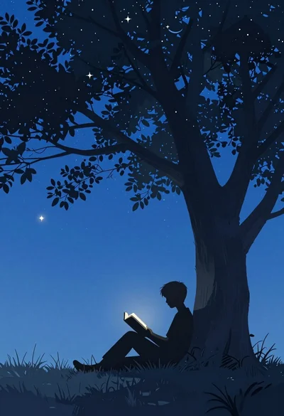 Silhouette of person reading under large tree against starry night sky