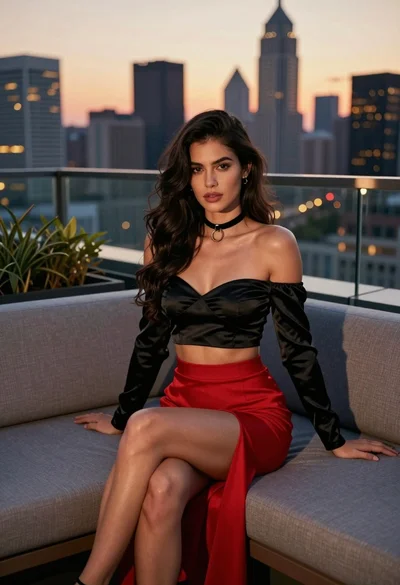 Glamorous woman seated on rooftop lounge sofa overlooking vibrant city skyline at