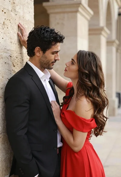 Man and woman in formal wear standing against a stone wall