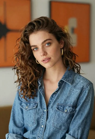 Portrait of young woman with blue eyes in modern interior