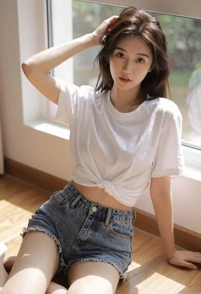 Brunette woman sitting by a sunlit window on wooden floor