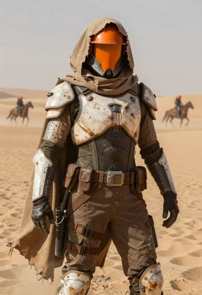 Scifi warrior in desert gear standing against sandy landscape