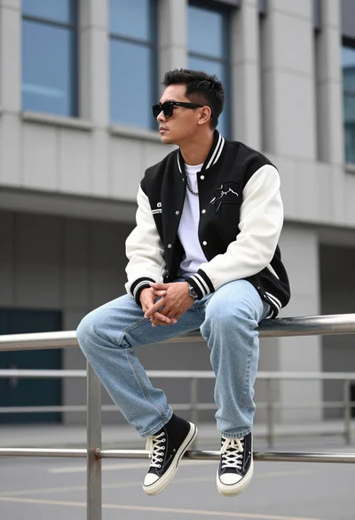 Man in varsity jacket sitting on railing against large building background