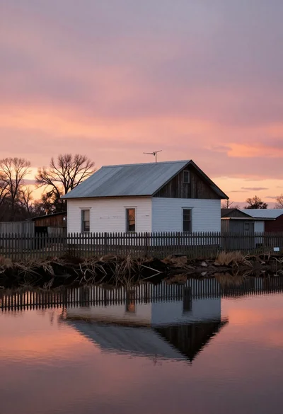 Solitary white house by reflective water under vibrant sunset sky