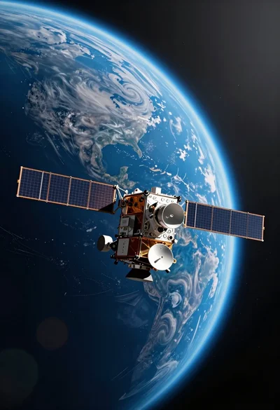 Detailed metallic satellite orbiting massive blue planet in deep space view