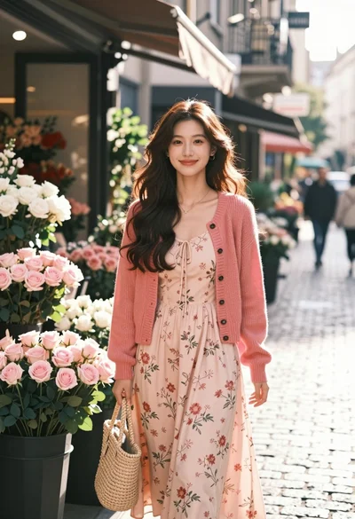 Young woman in floral dress on sunlit cobblestone street by flower shop
