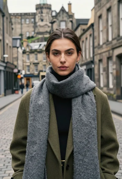 Medium close up portrait of woman in coat on old european cobblestone