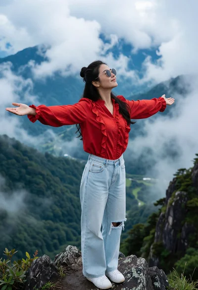 Woman standing triumphantly on mountain peak overlooking misty green valleys