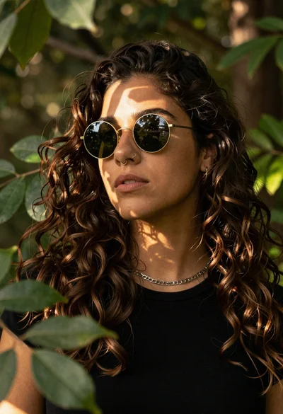 Closeup portrait of woman with wavy dark brown hair wearing gold sunglasses