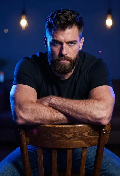 Handsome muscular man with beard sitting in dimly lit room gazing at