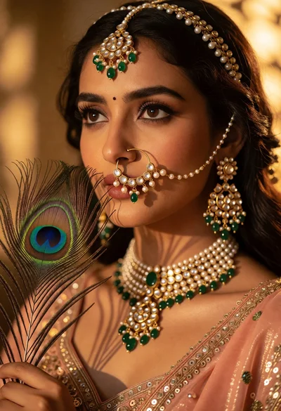 Close up portrait of woman with peacock feather and gold jewelry