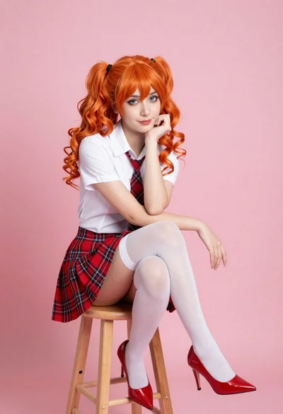 Young woman with orange curly hair in pigtails sitting on a stool