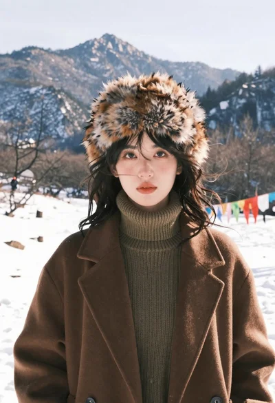 Young woman in brown wool coat standing on snowy mountain range