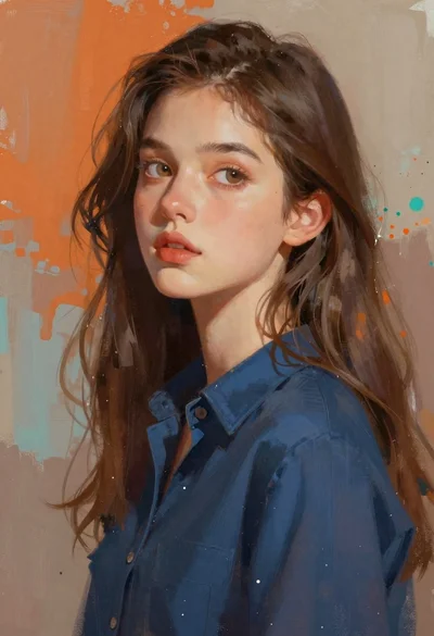 Young woman with long brown hair in dark blue shirt against abstract