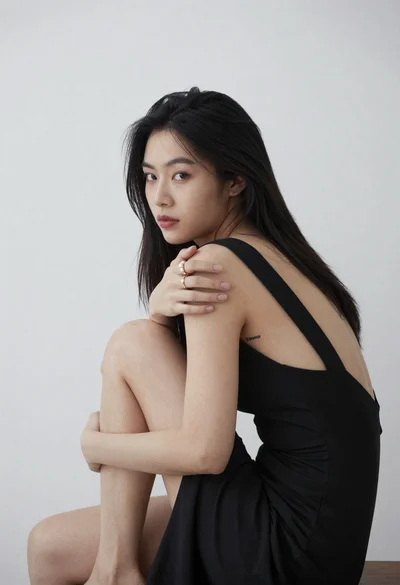 Young woman in black dress sitting contemplatively against a white wall