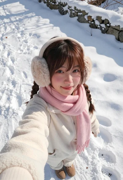 Young woman in winter clothes taking a high angle selfie in snow