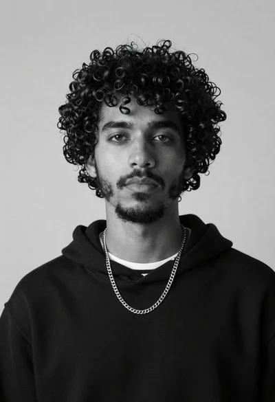Black and white medium close up portrait of young man with curly