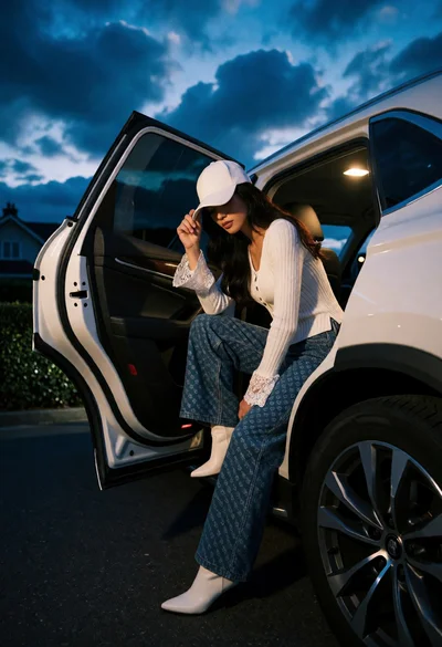 Woman sitting on open suv door at twilight under blue cloudy sky