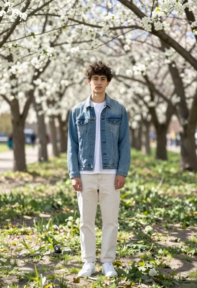 Young man in denim jacket standing in sunlit park with white blossoms
