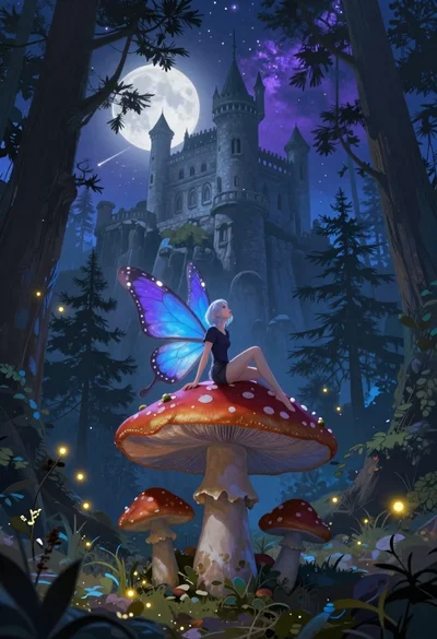 Fairy on mushroom with pine trees and stone castle