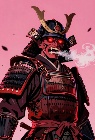 Samurai warrior roaring in dark armor against pink background