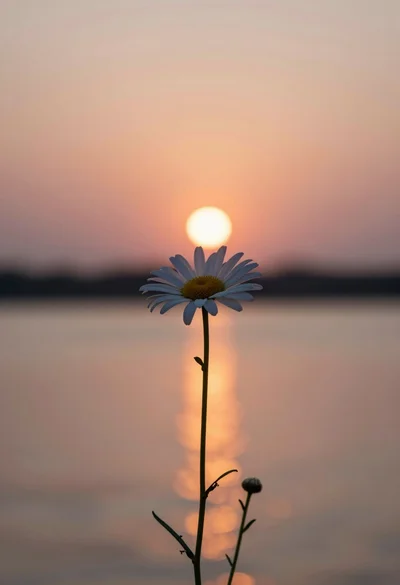 Solitary white daisy in sharp focus against soft sunset over tranquil water