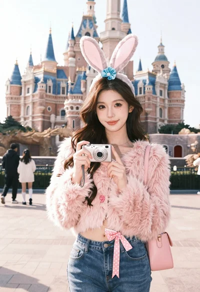 Young woman in pink cardigan holding camera in front of castle